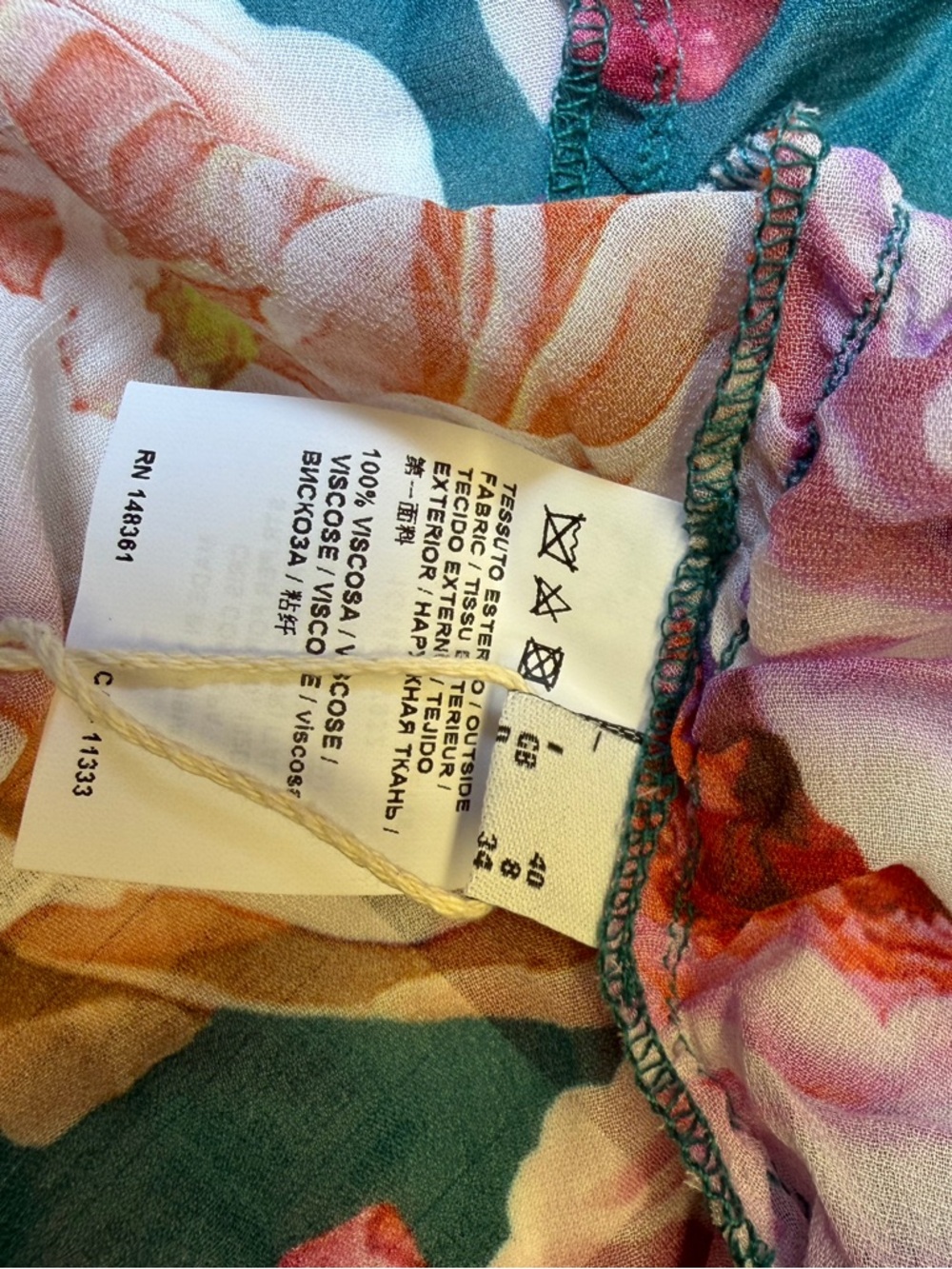 NWT Pinko Teal Floral Wrap Blouse with Pink & Peach Roses - Picture 6 of 9